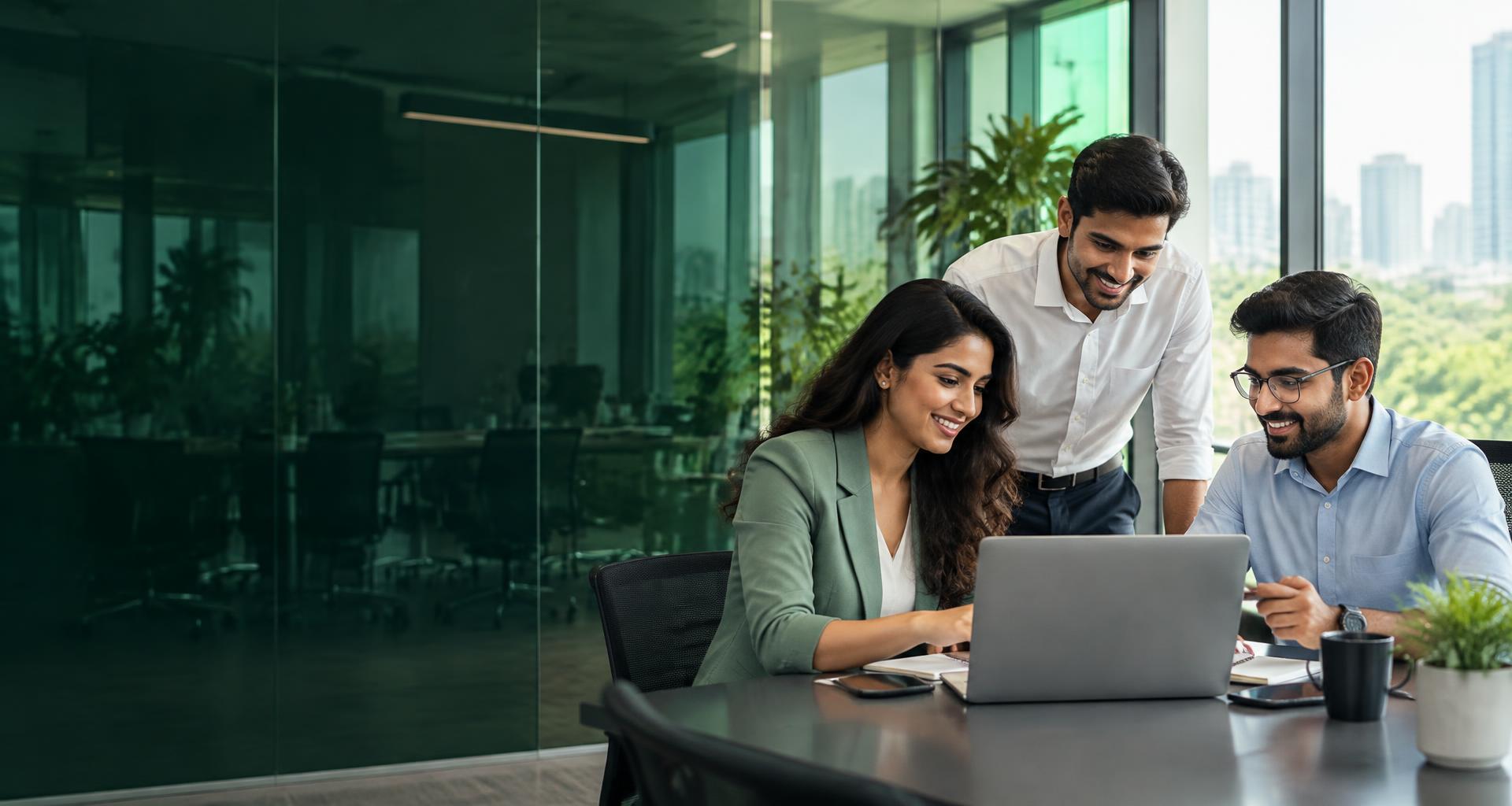 Professionals collaborating in a bright modern office